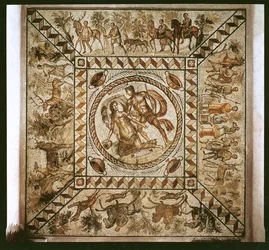 Daphne förföljd av Apollo omgiven av jaktscener, signerad Senius Felix, medborgare i Pouzzoles (mosaik)